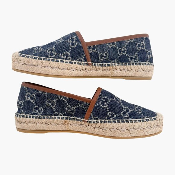 Gucci GG Monogram Espadrille Flats EU 37 US 7 Navy Blue Denim Slip On Rope Shoe - Picture 9 of 11